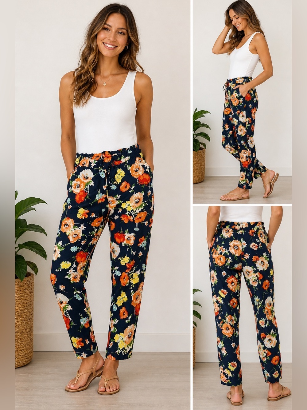 Beautiful Floral pants navy casual lounge lightweight ankle crop hight waist